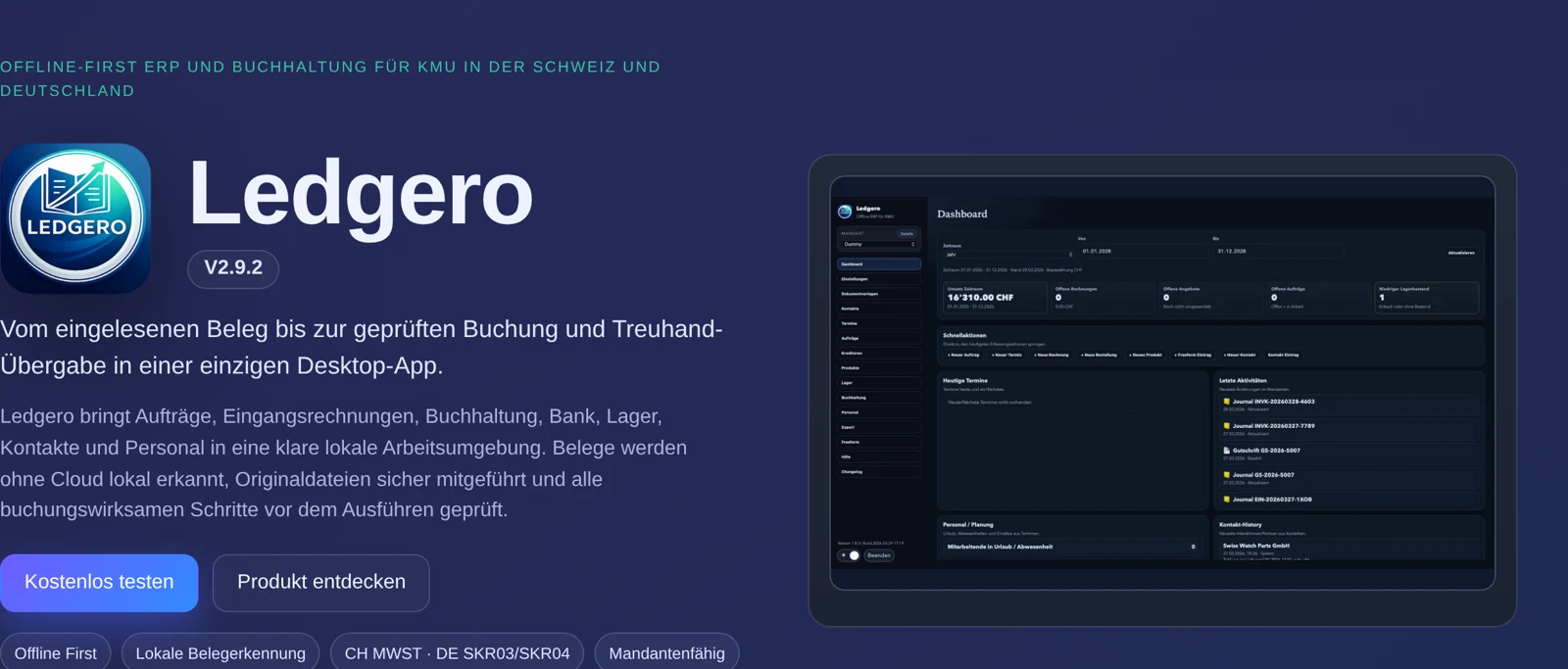 Ledgero Dashboard mit Finanzübersicht